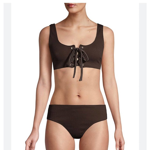 Ganni Other - NWT Ganni Lace Up Grommet Tank Ribbed Dark Brown Bikini Set size 38/US 6